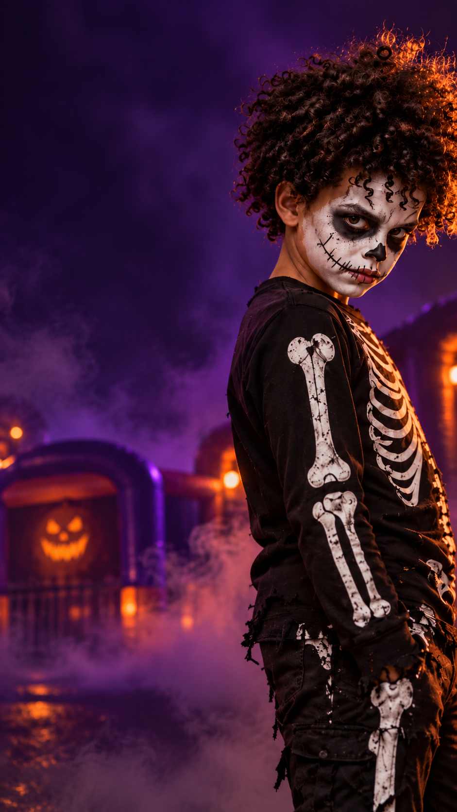 A child in skeleton face paint and costume at the Epic Bounce Haunted Bounce park at night